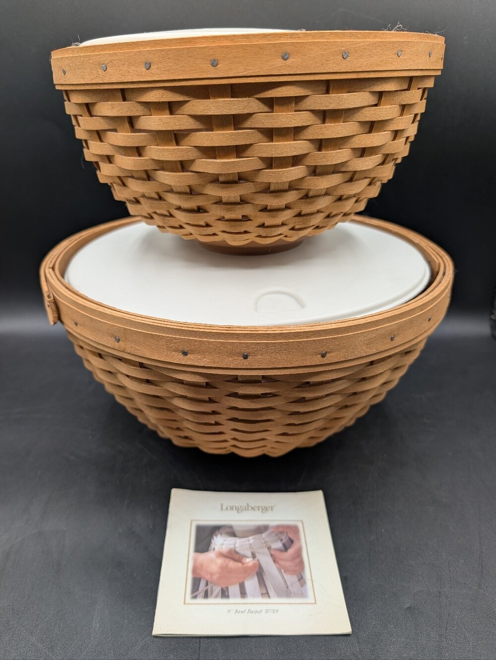 Set 2 Longaberger Bowl Basket With Hard Protector/Liner and Lid - 9" & 11" EUC